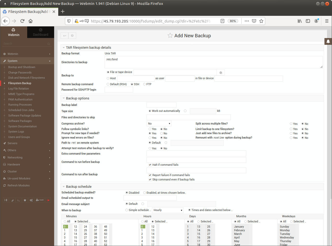 Webmin Filesystem Backup with scheduling